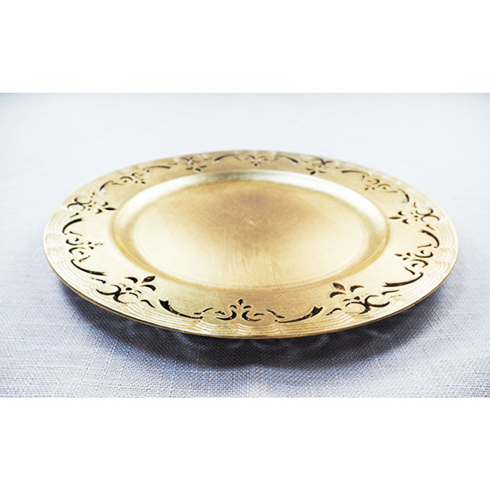 Gold Plastic Charger Plate with Foil Leaf Design for Wedding